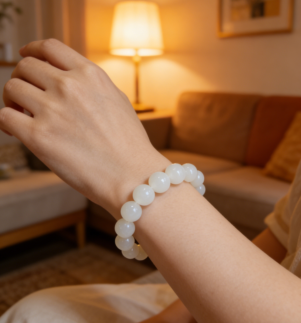 Natural White Jade Beaded Bracelet
